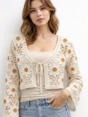 moon & madison Cream Crochet Daisy Tie-Front Cardigan with Yellow Accents